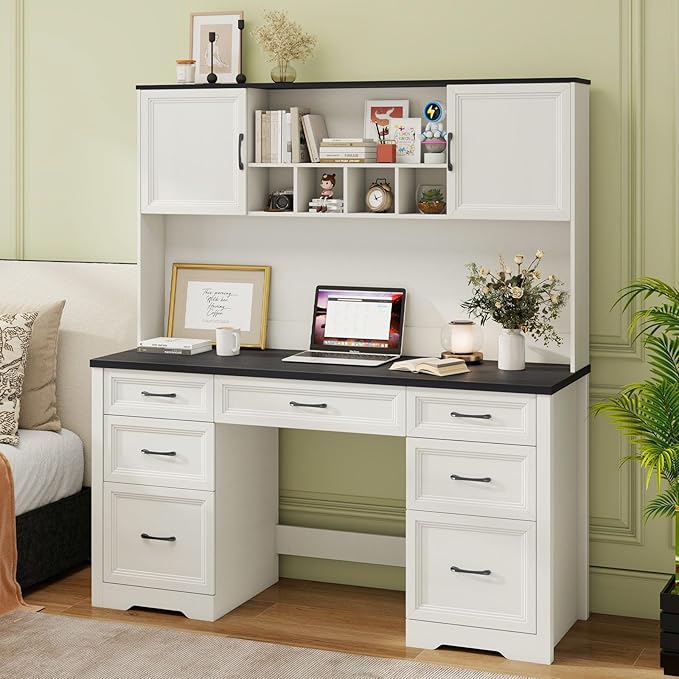 Vabches Farmhouse Executive Desk with 7 Drawers and Storage Cabinet, Rustic Large Home Writing Desk with Hutch, Workstation for Bedroom, Black