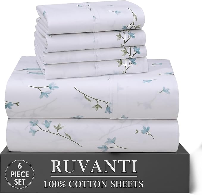 RUVANTI 100% Cotton Percale Sheets Queen Size 6 Piece Set, Cooling Bed Sheets for Hot Sleepers, Deep Pocket 16”, Breathable Lightweight & Durable, Crisp Hotel Style Sheets, Burgeon