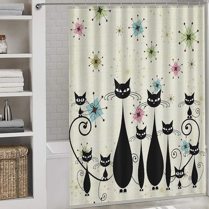 Mid Century Black Cat Shower Curtain,Retro Funny Atomic Cat Modern Abstract Geometric Iconic Pattern Bathroom Curtain Polyester Waterproof Fabric Decor 66x72in（168x183cm）