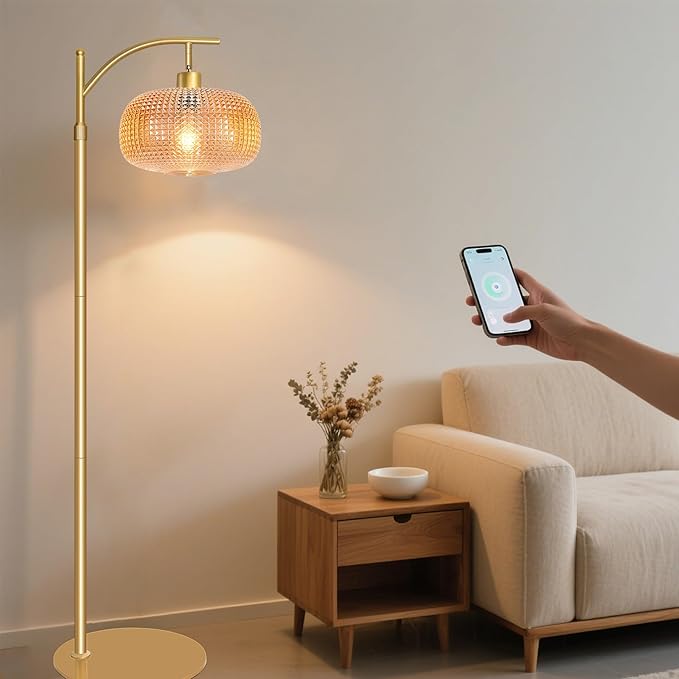 Glass Floor Lamp for Living Room with Amber Glass Lampshade, Dimmable Modern Standing Lamp with 12W LED Bulb, Remote Control Tall Lamp for Bedroom