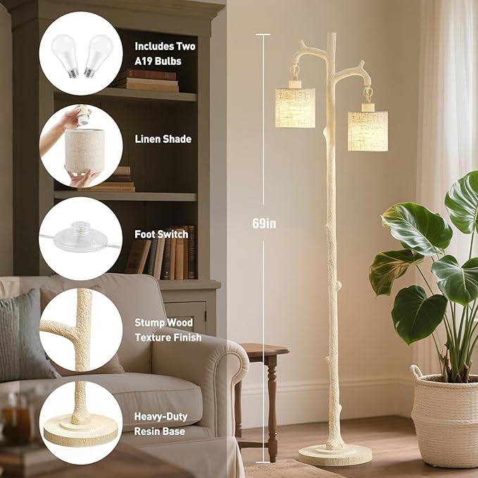 Floor Lamp for Living Room - 69" Rustic Farmhouse Tree Trunk Tall Lamp - Country Resin Vintage Reading Light with Linen Shade Standing Lamps for Bedroom Office Classroom Home Decor (Almond White)
