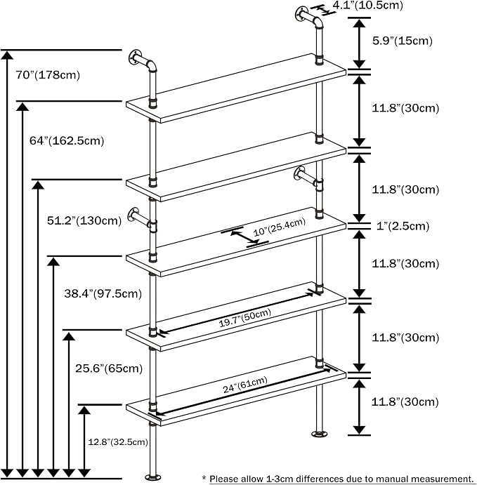 Pipe Shelves, 5 Tier Industrial Ladder Bookcase, Wall Mounted Metal Wood Rustic Bookshelf (White, 5 Tier - 10" D x 24" W x 70" H)
