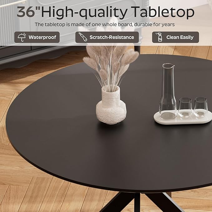 RGZ Mid Century Black Round Dining Table Set for 2, 36" Small Wooden Circle Kitchen Table & 2 Light Gray PU Leather Kitchen Chairs, Dinner Table Set for Home, Apartment, Dining Room