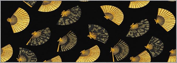 Oriental Fan Runner Rug 3x6, Black and Gold Vintage Asian Design, Japanese Style Area Rug, Washable Carpet Runner for Bedroom, Standard Hallways, Kitchen Walkway, Dining Room Sideboard