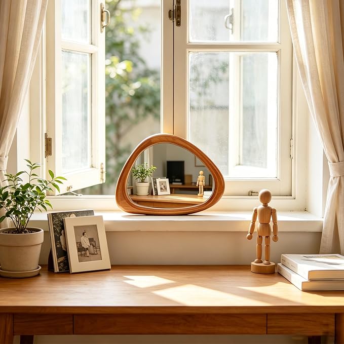 MAGFLERUM Irregular Wall Mirror, 15 * 10 inch Asymmetrical Wood Mirrors, Small Wall Mirror, Hanging Vertically and Horizontally. Mirrors for Wall Decor (Red Walnut)