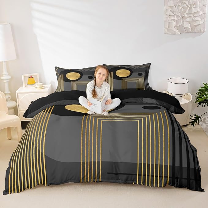 Erosebridal Gray Black Abstract Boho Duvet Cover Toddler Size Mid Century Modern Comforter Cover Minimalist Aesthetic Neutral Bedding Set Botanical Leaves Simple Bed Set