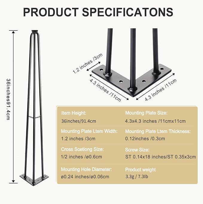 HONG SHENG 36Inch Hairpin Table Legs Black Set of 4 Desk Legs,1300lbs Load Capacity ， Rodsfor Coffee Table, Night Stand Desk Bench，Desk, Bench Desk Dining End Table Chairs
