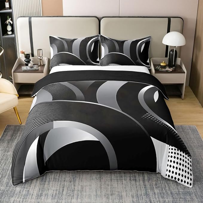 Erosebridal Gray Black White Spiral Bedding Set King Swirls Stripes Geometric 100% Cotton Duvet Cover Minimalists Boho Comforter Cover for Kids Teens Adults Graffiti Art Lines Bed Set 3 Pcs