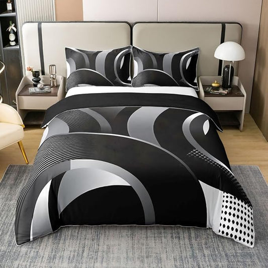 Erosebridal Gray Black White Spiral Bedding Set King Swirls Stripes Geometric 100% Cotton Duvet Cover Minimalists Boho Comforter Cover for Kids Teens Adults Graffiti Art Lines Bed Set 3 Pcs