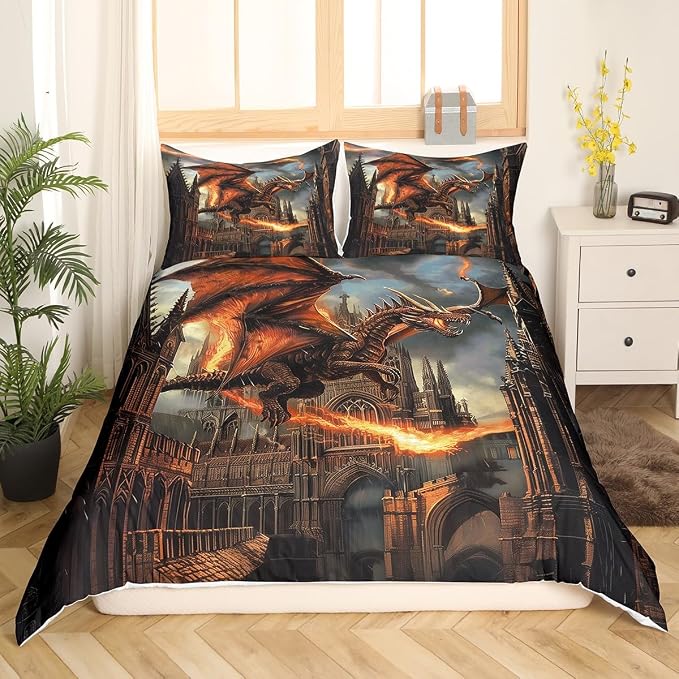 3D Western Dragon Duvet Cover Set Full Size,Fire Modern Castle Fashion Retro Bedding Set,Boys Men Room Decor,Wildlife Ancient Animal Comforter Cover,Grey Quilt Cover,2 Pillowcases(No Filler)