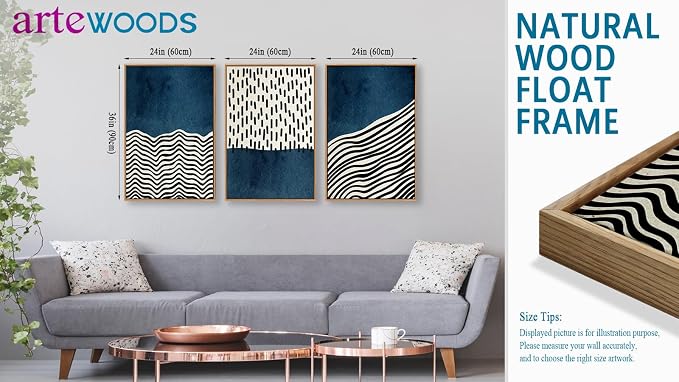 Framed Wall Art Canvas Set Mid Century Boho Picture Modern Abstract Geometric Lines Wall Decor Minimalist Black Indigo Canvas Painting Artwork Living Room Bedroom Home Office 24"x36"x3 Natural