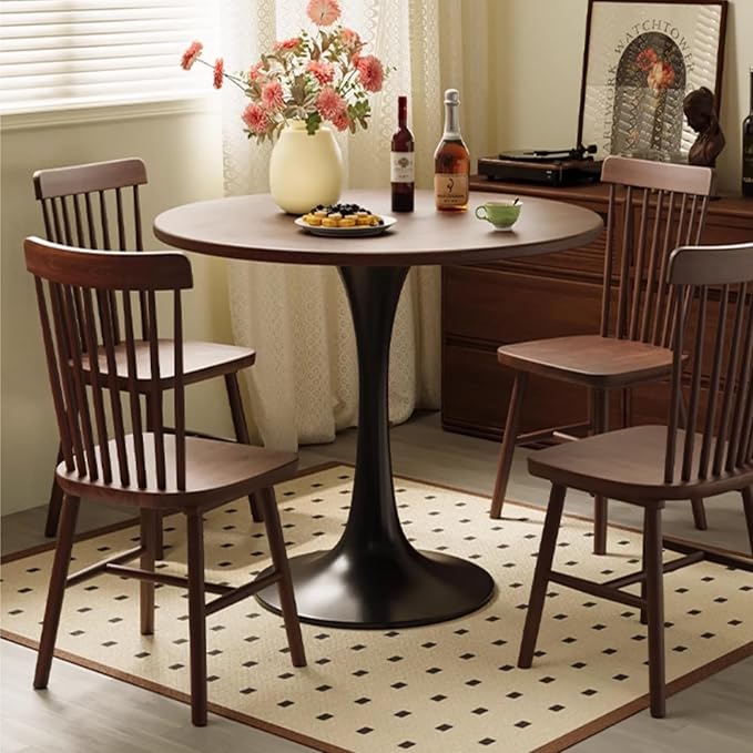 23.6 Inch Tulip Dining Table, Mid-Century Walnut Round Kitchen Table with MDF Tabletop and Pedestal Base, Modern Leisure Table for Small Space Kitchen Dining Room