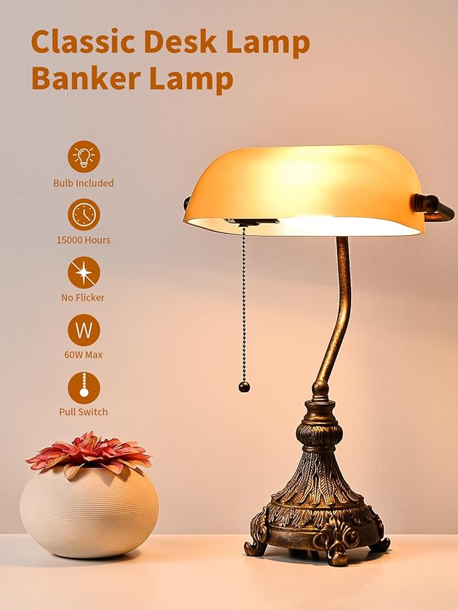 Vintage Amber Glass Bankers Desk Lamp for Home Office,Library with Pull Chain Switch Plug in Fixture, LED Bulb Included