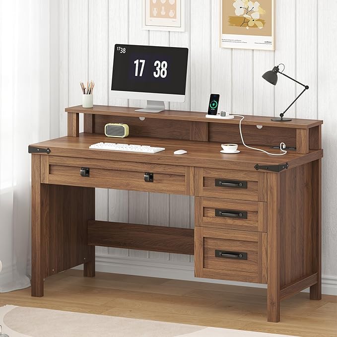 YOMILUVE Farmhouse Executive Desk with Drawers, 47" Computer Desk with Power Outlets, Home Office Desk with Monitor Stand & 4 Drawers, Small Desk Writing Study Table, Brown