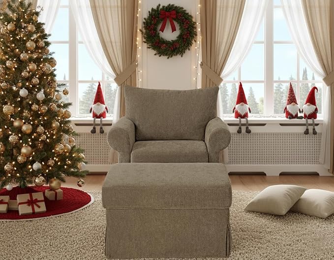 35.8" Chenille Accent Chair with Ottoman Set, Comfy Upholstered Armchair with Rolled Arms, Modern Single Reading Chair for Living Room, Bedroom, Apartment, Brown