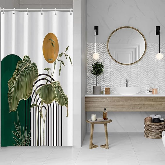 Baocicco Boho Shower Curtain Green Gold Leaves Plants Sun Modern Abstract Geometric Shower Curtains Decorative for Bathroom Waterproof Fabric Shower Curtain with Hooks 36x72 Inches