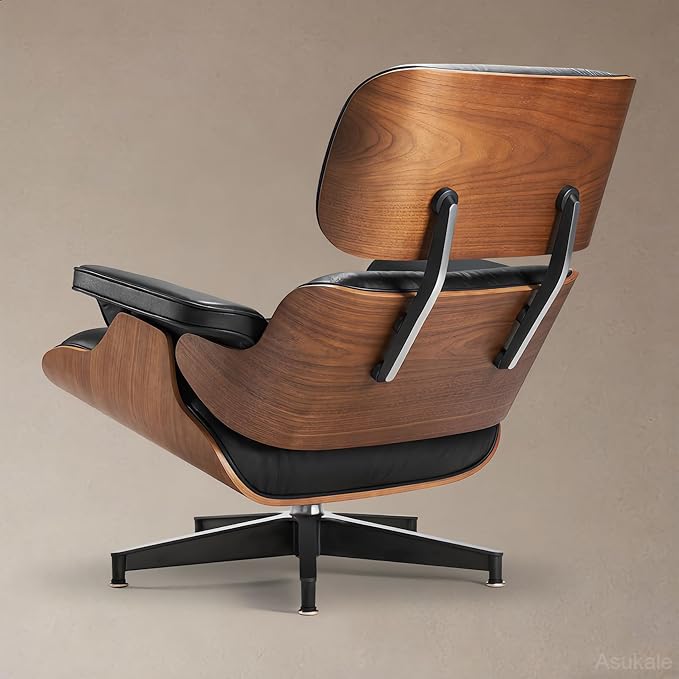 Top Black Grain Leather, Mid Century Chaise Lounge Chair and Ottoman, Leather Accent Chair, Modern Chair, Classic Design, Heavy Duty Base Support for Living Room Lounge Office, Walnut, Heightening
