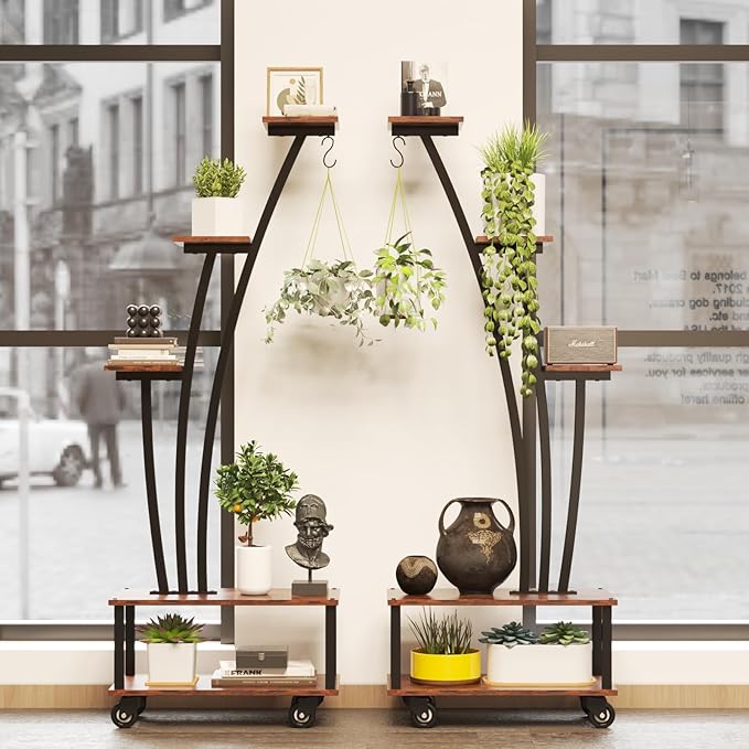 5-Tiered Tall Plant Stand Indoor, Cone-shaped Metal Plant Stand with Wheels and Hanging Hooks, Farmhouse Wood Plant Shelf Indoor for Living Room, Balcony, Garden, Rustic Brown (2 Pack)