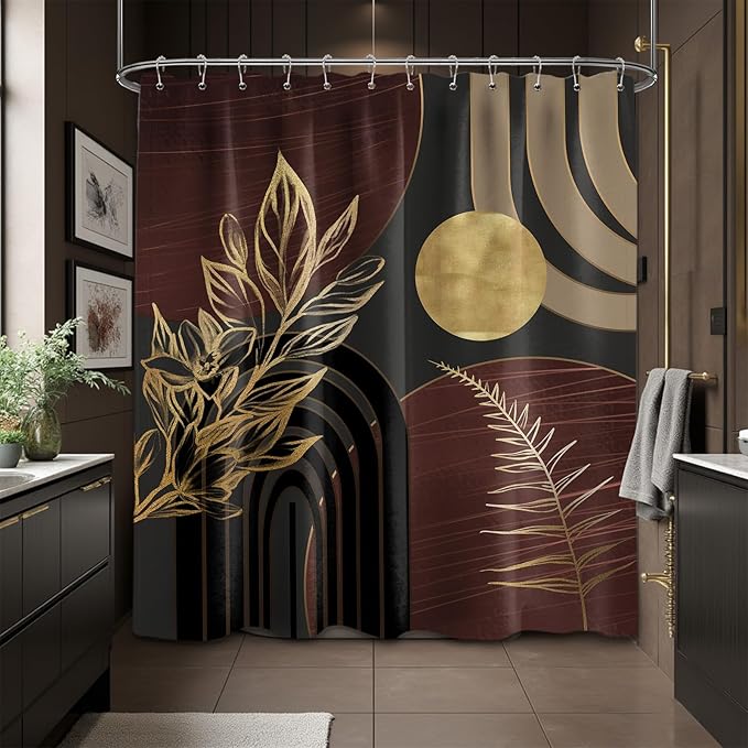Dark Brown and Black Shower Curtain Boho Mid Century Gold and Brown Shower Curtains for Bathroom Decor, Waterproof Cloth Fabric with Hooks, 70" W x 78" L