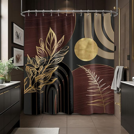 Dark Brown and Black Shower Curtain Boho Mid Century Gold and Brown Shower Curtains for Bathroom Decor, Waterproof Cloth Fabric with Hooks, 70" W x 78" L