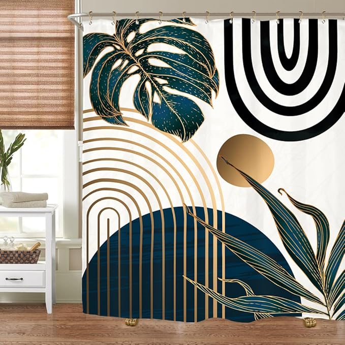 Miyotaa Abstract Modern Navy Blue Shower Curtain Set 60Wx71H Inches Minimalist Mid Century Contemporary Monstera Leaves Vintage Aesthetic Polyester Waterproof Cloth Bathroom Curtain with 12 Hooks
