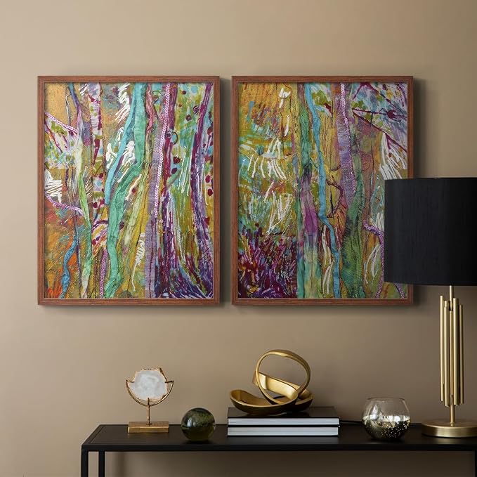 Renditions Gallery Set of 2 Peel & Stick Framed Prints, Modern Abstract Wall Art, Colorful Artistic Painting Wall Decor, Re-Stickable - Ready to Hang - 16"x20" - Walnut Frame LT588