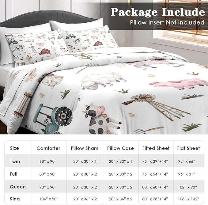 Pamnest Comforter Set Full Size, Farm Animal 7 Pcs Bedding for Kids and Adults, Cute Tractor Bed Sheet Sets with Fitted Sheet 2 Pillowcases & 2 Shams for Bedroom Bed Decor