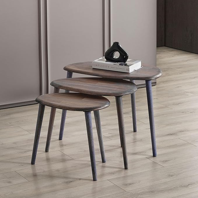 Solid Wood Nesting Coffee Table Set of 3 - Mid Century Modern Pebble Tables with Tapered Legs – Wooden Home Furniture in a Retro Style (Anthracite)