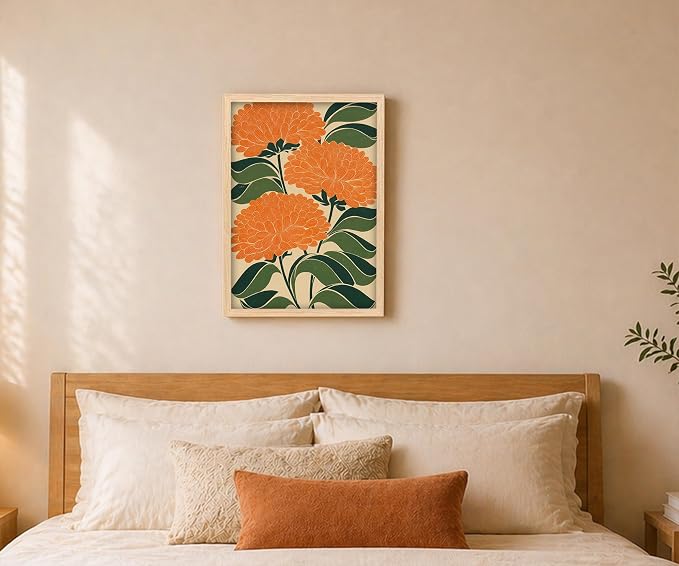Colorful Art Deco Floral Framed Wall Art Abstract Maximalist Flower Poster Print with Solid Wood Frame, Mid Century Modern Boho Picture Painting Wall Decor for Living Room Bedroom 12x16 Inches