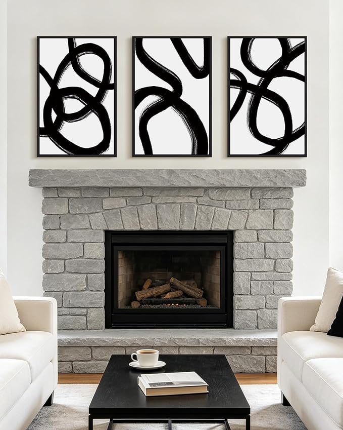 KUVIOKE Black and Gray Abstract Framed Wall Art Ink Wash Minimalist Lines Painting Artwork for Bedroom Hallway 16x24in (Black Framed)