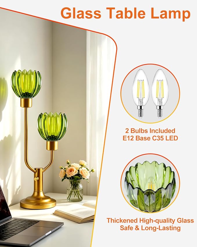 Lightdot Green Glass Flower Table Lamp for Bedroom Dimmable Nightstand Lamp Mid Century Modern Vintage Gold Desk Lamp 2 Bulbs Included Warmwhite Ambient Bedside Lamp for Living Room Home Office Decor