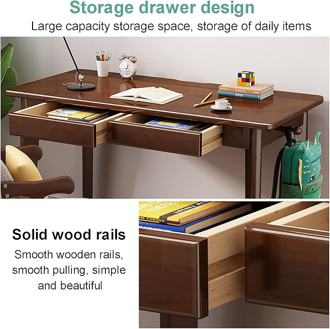 Solid Wood Writing Desk with Drawers,Mid-Century Modern Computer Desk Work Study Table,Simple Home Office Desk Workstation with Hook for Small Spaces(80x50x75cm(31x20x30inch), Wood)