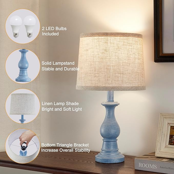 Vintage Table Lamp for Living Room Bedroom, 18.5" Farmhouse Bedside Lamps Nightstand Lamp Set of 2, Table Lamps with Oatmeal Linen Lamp Shades, 2 LED Bulbs Included, Blue