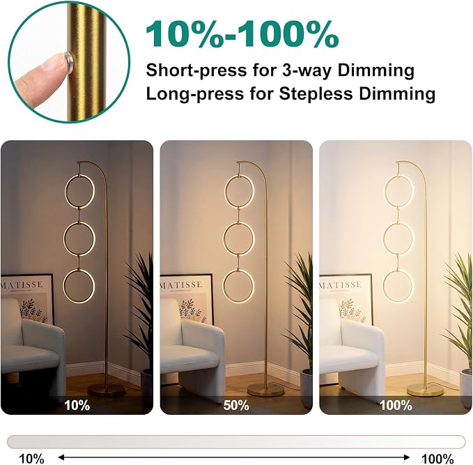 Bairth Gold 3-Light LED Floor Lamp, Modern Arc Floor Lamp for Living Room, Industrial Stepless Dimmable & 3-Way Dimmable Tall Arch Standing Floor Lamp for Reading, Bedroom, Office, Antique Brass