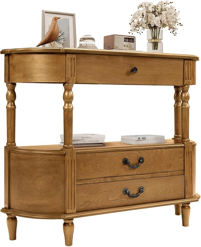 Retro Curved Console Table, 43" Solid Wood Half Moon Console Table Entryway Table Sofa Table with Open Shelf Curved Corners 3 Drawers Pine Roman Legs for Living Room,Hallway,Entryway,Brown