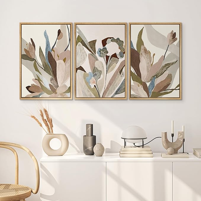 SIGNWIN Framed Canvas Print Wall Art Set Botanical Abstract Earthy Neutral Floral Illustrations Modern Art Decorative Boho Relax/Zen Nordic for Living Room, Bedroom, Office - 24"x36"x3 Natural