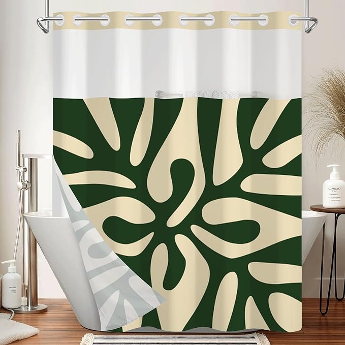 No Hook Shower Curtain and Snap in Liner Set, Matisse-Inspired Abstract Green Botanical Shower Curtains for Mid-Century Modern Boho Bathroom, Mesh Top Waterproof Bath Curtain, 71Wx74H