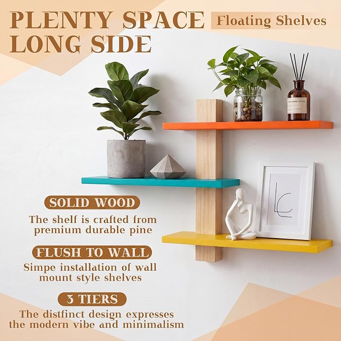 Pinkunn 2 Pack Wood 3 Tier Floating Shelf Large Minimalist Wall Shelves Mid Century Modern Furniture Wall Mount Shelf Art Decor Rustic Shelving for Bedroom Living Room Office Home (Mid Century Color)