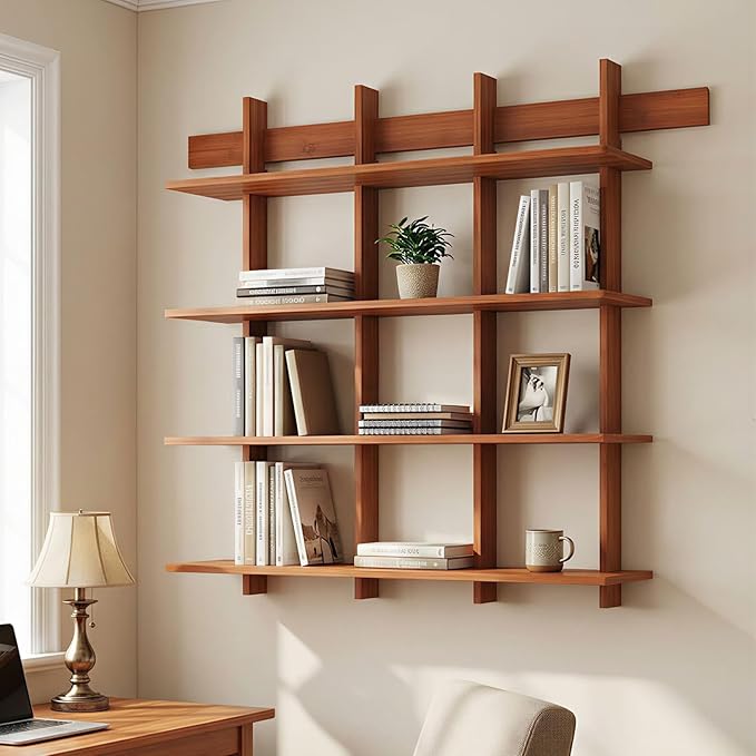 4-Tier Wall Mounted Bamboo Bookshelf, 43×52 Inch Large Floating Shelves with 600lbs Capacity, Rustic Farmhouse Heavy Duty Hanging Wall Shelf for Living Room, Coffee Bar, Book Storage, Kitchen, Brown