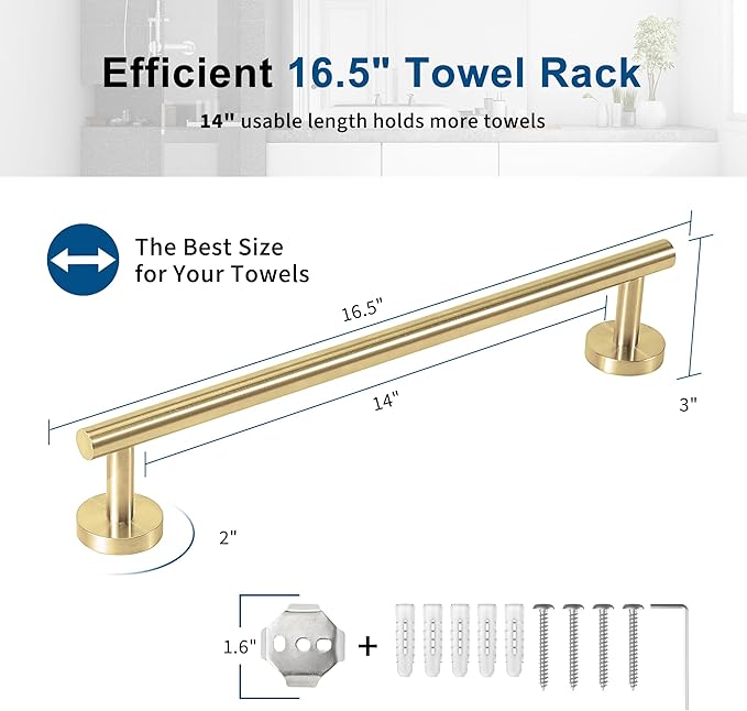 Brushed Gold Towel Bar, 14 Inch Towel Racks for Bathroom Wall Mounted, Thicken SUS304 Stainless Steel Heavy Duty Hand Towel Holder Organizer, Bathroom Accessories, Total Length 16.5 Inch