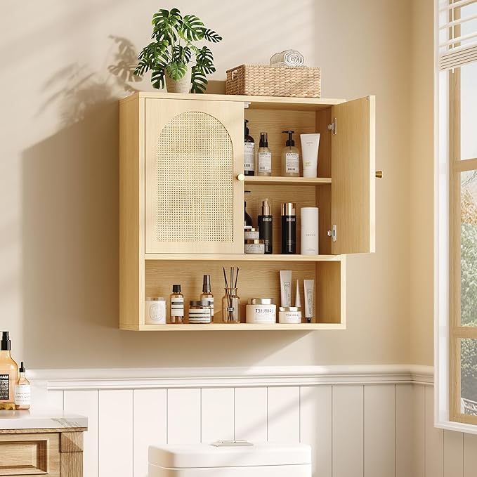VINGLI Rattan Bathroom Wall Cabinet, Boho Medicine Cabinet with 2 Handwoven Rattan Doors & Adjustable Shelf, Wood Hanging Storage Cabinet with Open Shelf for Kitchen, Laundry, Entryway, Oak Finish