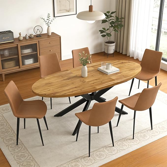 63"-78.7" Extendable Round Dining Table Set for 6, 7 Piece Mid Century Modern Oval Kitchen Table Set, Large Dining Table with 6 Chairs for Living Room Space Saving（Walnut Table+6 Brown Chairs)
