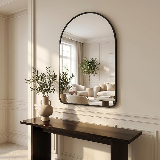 HARRITPURE 26"x38" Arched Bathroom Mirror, Wall Mounted Mirror, Black Arch Mirror, Aluminum Alloy Frame Wall Mirror for Living Room, Bedroom, Entryway