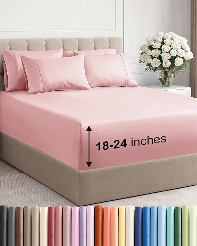 Extra Deep King Sheet Set - 6 Piece Breathable and Cooling Sheets - Hotel Luxury Bedding for Women, Men, Kids & Teens - Easy Secure Fit - Soft, Wrinkle Free and Comfy - Extra Deep Pockets - Baby Pink