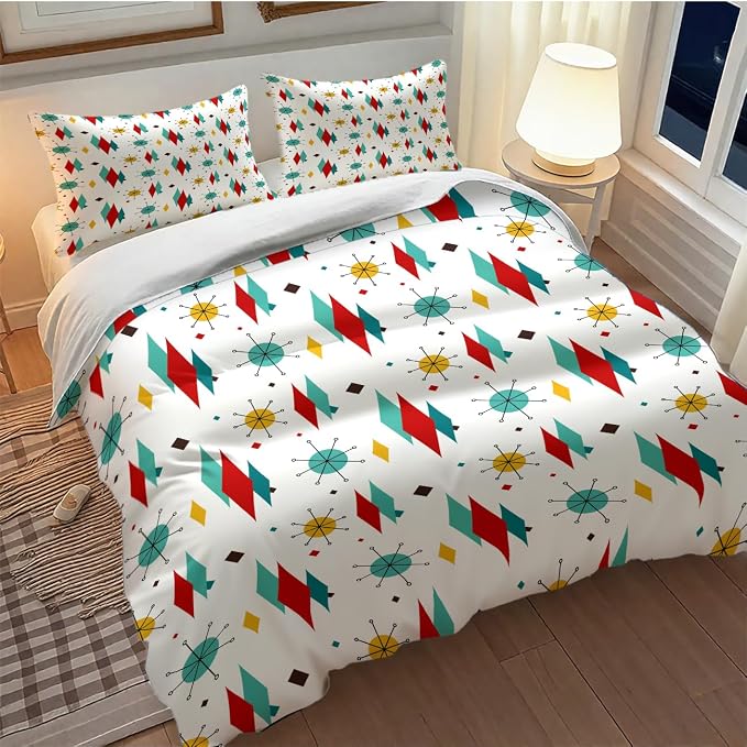Mid Century Bedding Set,1950s 1960s Vintage Modern Geometric Abstract Atomic Stars Geometric Diamond Pattern Comforter Set with Pillowcase for Bedroom Bed Decor,Queen 90"x90"