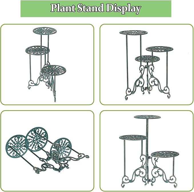 OwnMy 3 Tier Heavy Duty Cast Iron Plant Stand Foldable Wrought Iron Flower Pot Holder, Indoor Outdoor Tall Plant Stand Shelf for Garden Patio, Decorative Round Metal Plant Display Rack, Antique Green