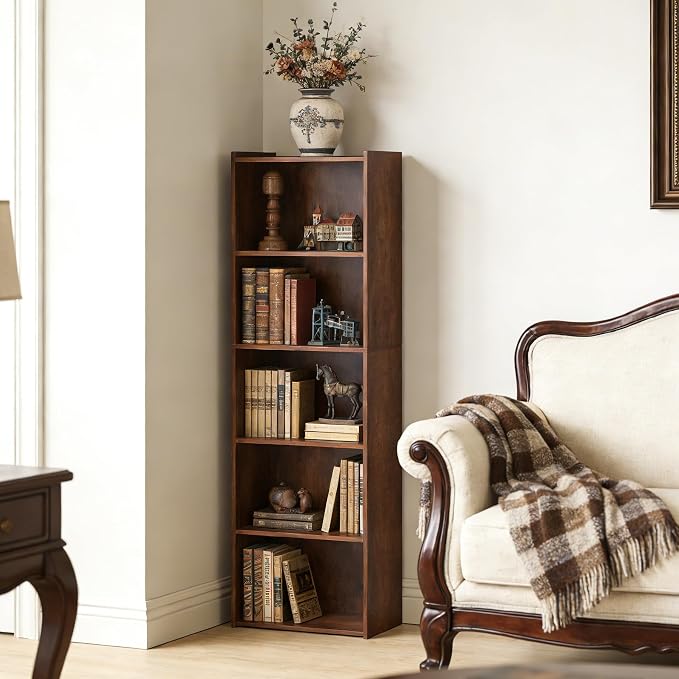 SUPER DEAL 5-Tier Open Shelf Bookcase and Bookshelf, Freestanding Display Shelves Narrow Cube Storage Organizer for Small Spaces Kids Bedroom Living Room Home Office Apartment, 52 Inch, Rustic Brown