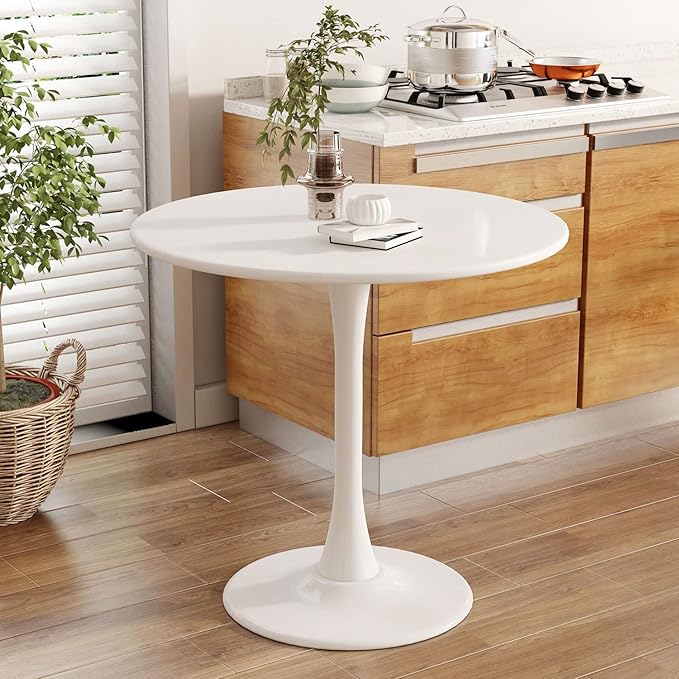 Round Dining Table 31.5" Circle Tulip Table with Wood Thickened Tabletop & Sturdy Metal Pedestal Mid Century Modern Leisure Bistro Kitchen Tables 4 People Small Places Living Room Cafe,White