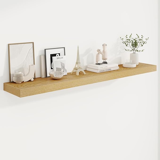 55in Floating Shelves for Wall, 55"W x 9.25"D x 1.5"H, Long Wall Mounted Engineered Wood Shelves with Invisible Brackets for Living Room, Bedroom, Bathroom, Kitchen Decor and Storage, Oak
