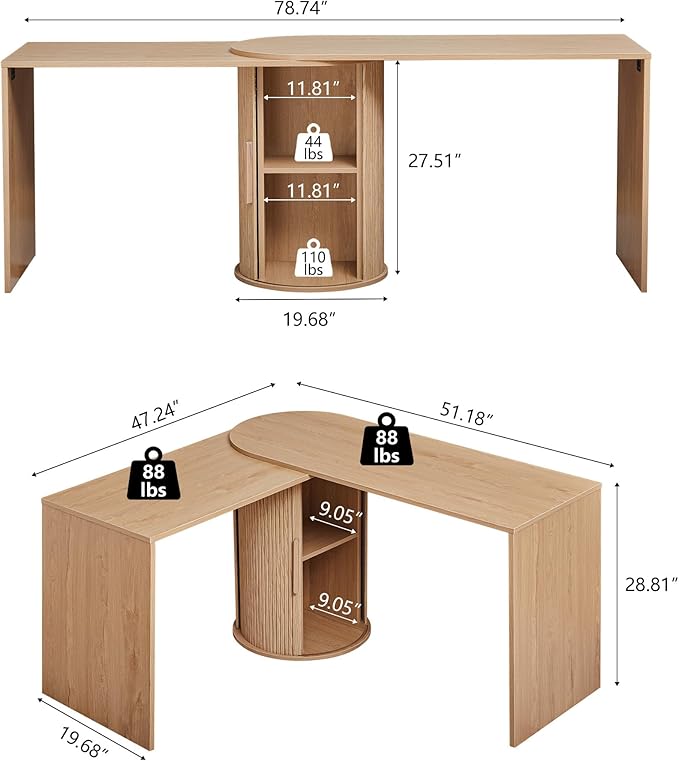 Fluted Computer PC Desk Table with Storage, Boho Corner L Shaped Desk with Storage for Small Space, Modern Home Office Desk for Bedroom, for Writing, Executive, Study, Work - Natural